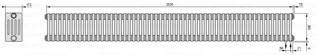 Схема (чертеж) Радиатор Zehnder Charleston 5026/55 №5510 Белый глянцевый RAL 9016